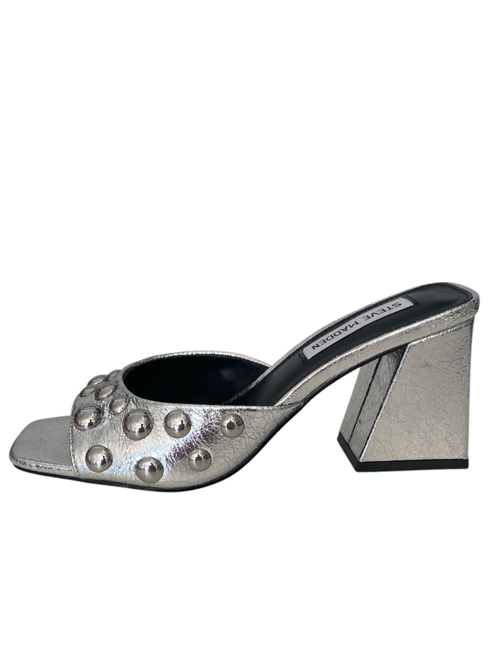 Steve Madden Grayson Silver Studded Block Heel Mule Sandals NIB Size 6